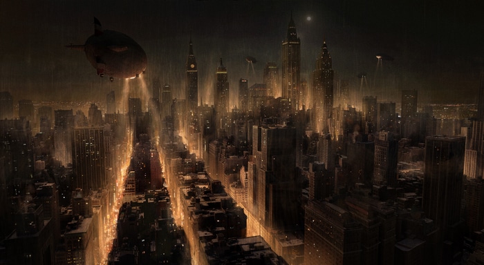Artwork of a dark, rainy Gotham City with airships