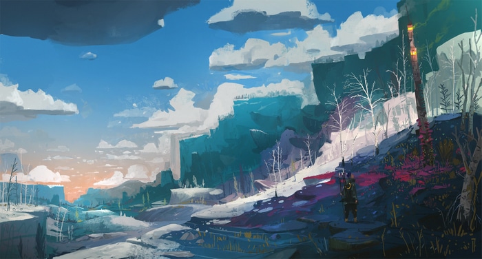 Artwork of a snowy mountain landscape with trees