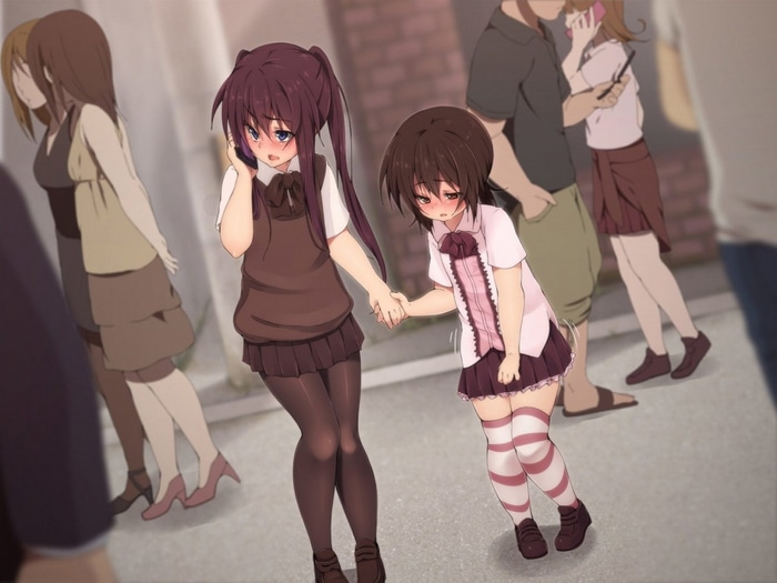 Two anime girls walking and talking on the phone