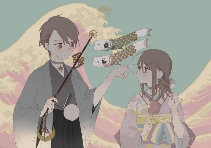 Anime characters with carp streamers and waves