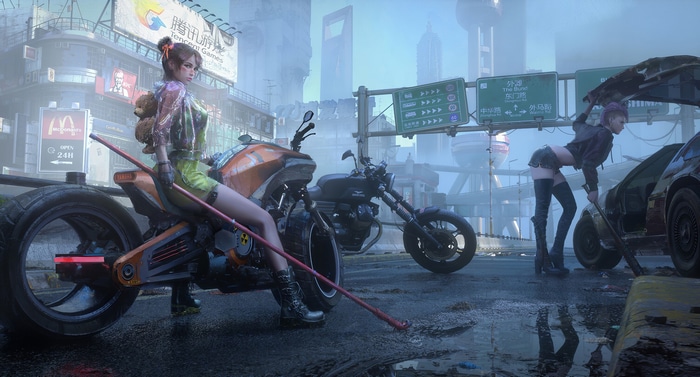 Two women with motorcycles in a futuristic Shanghai