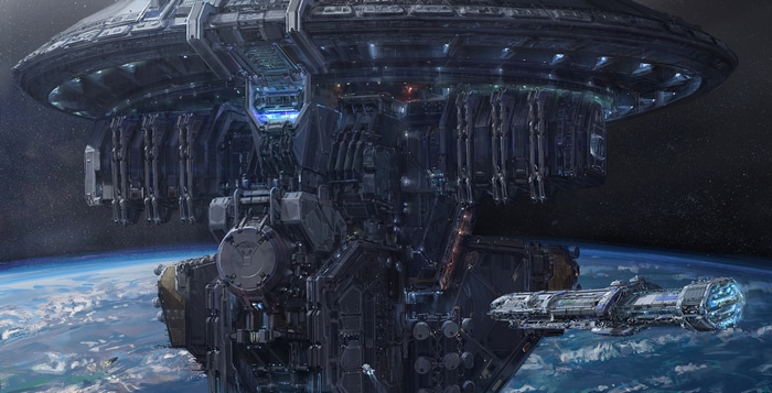 Science fiction orbital station above Earth