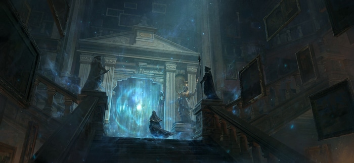 Fantasy art of a portal in a grand hall