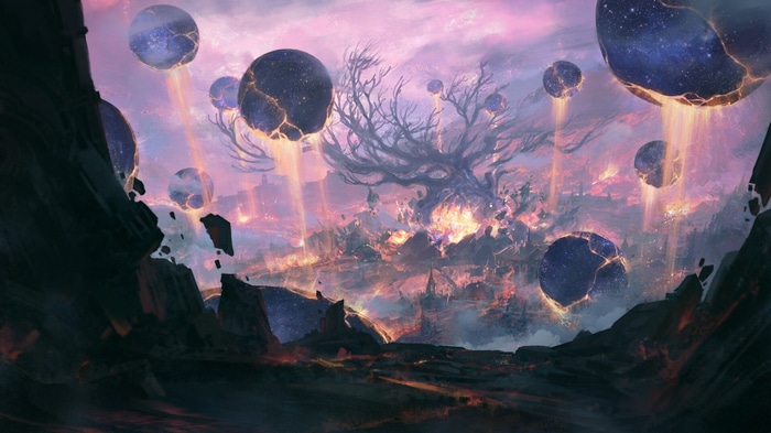 Fantasy landscape with floating celestial orbs and a burning city