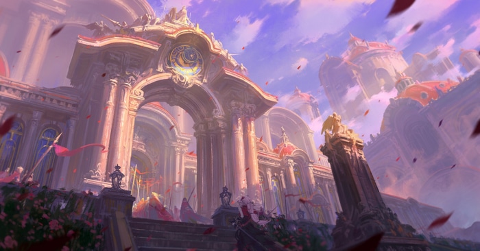 Fantasy architecture with a large clock and red banners