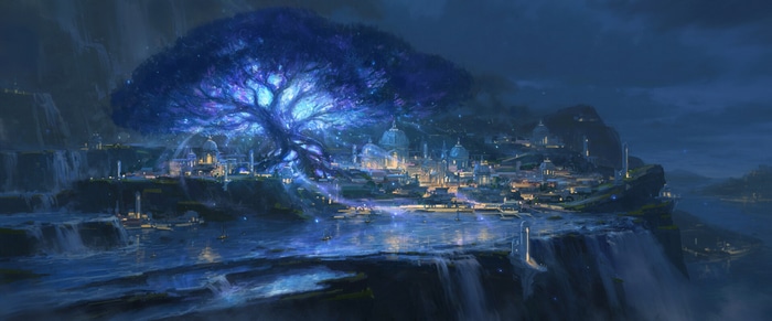 Fantasy city with a glowing tree by the water