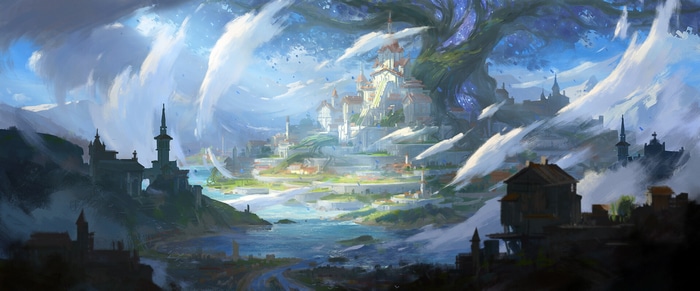 Fantasy city with a large tree and castle