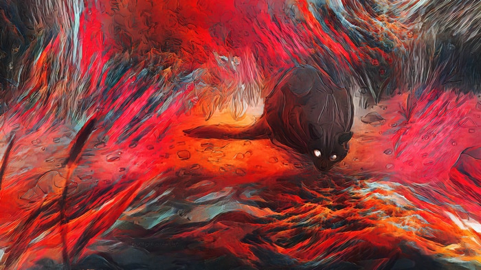 Mythical creature in a fiery landscape