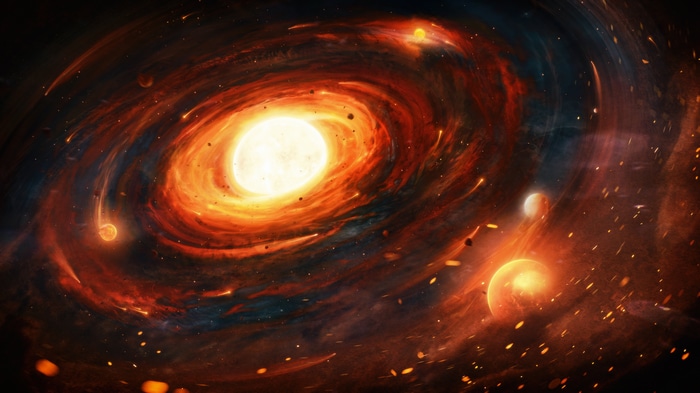 4K Space Art Universe with Orange and Red Swirls