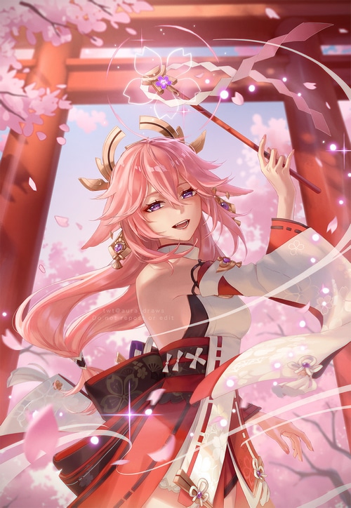 Yae Miko from Genshin Impact with pink hair and cherry blossoms