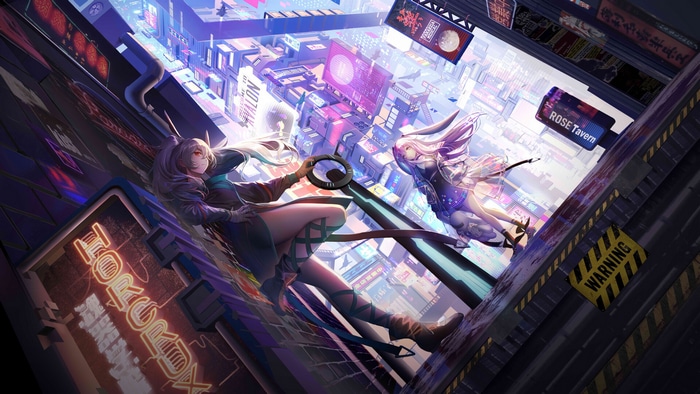 Anime girls in a futuristic city