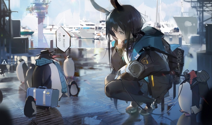 Amiya and penguins at a harbor in Arknights