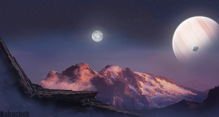 4K alien landscape with mountains, moon, and planet