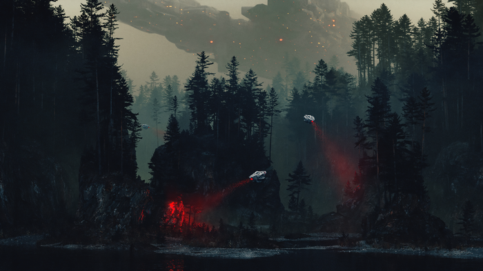 Spaceships over a dark forest with red lights