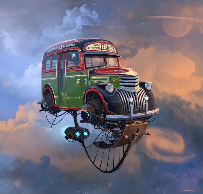 Retro flying bus in a cloudy sky with a planet