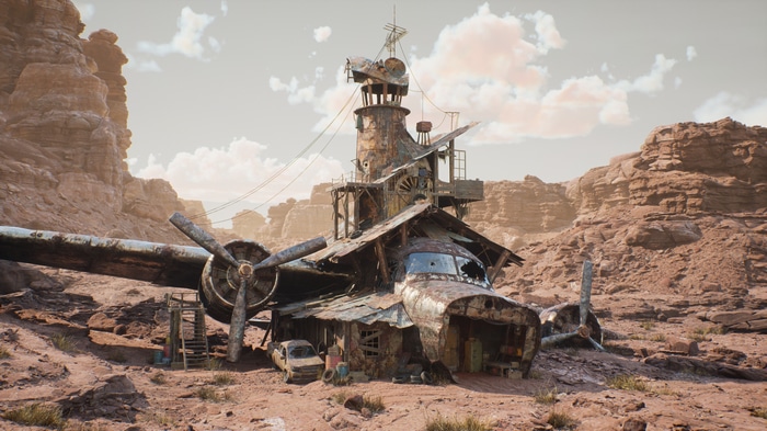 Post Apocalypse Airplane Wreck Tower in Desert