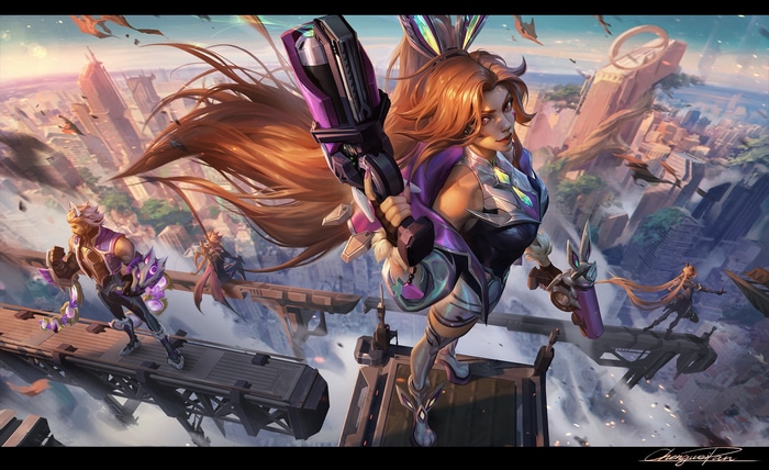 Miss Fortune and allies in a futuristic city