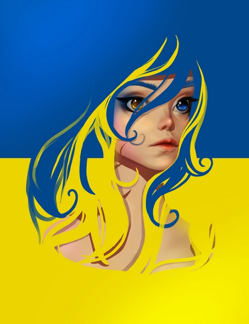 Woman with hair in the colors of the Ukrainian flag