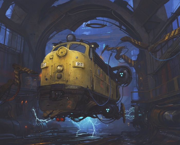 Yellow train in a futuristic workshop with robotic arms