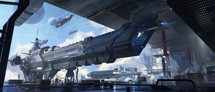 Futuristic spaceship dockyard with multiple vessels