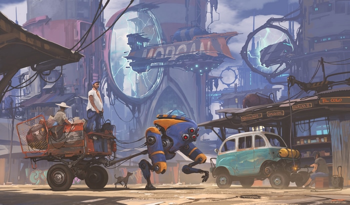 Alejandro Burdisio's futuristic city with robots and vehicles