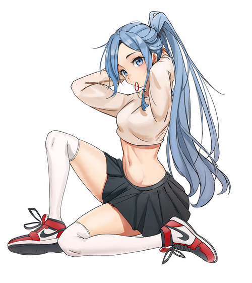Anime girl with blue hair and skirt doing sit-ups
