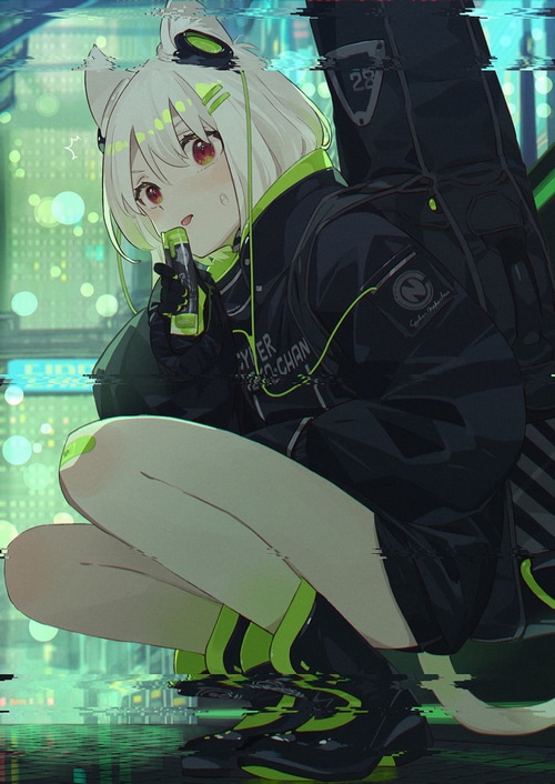 Anime cat girl Narumi Arata with a backpack
