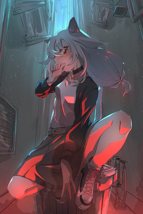 Anime girl with animal ears in an alleyway