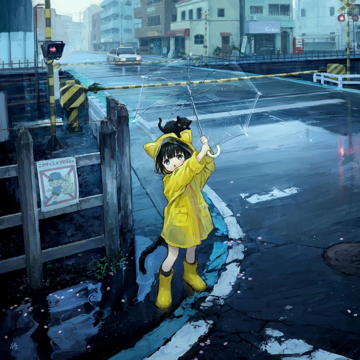 Girl in yellow raincoat with cat under umbrella in rain
