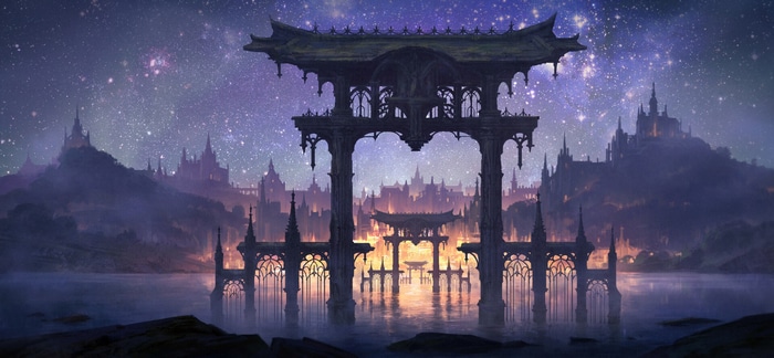 Fantasy city with torii gates under a starry night