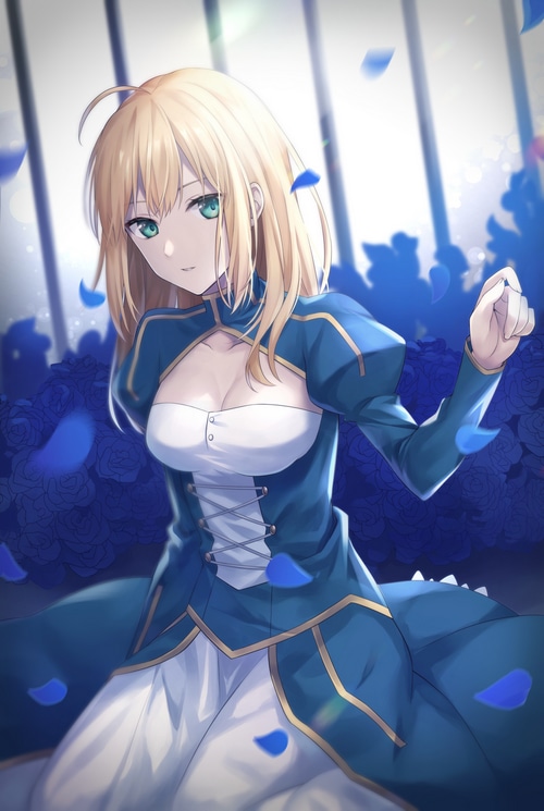 Artoria Pendragon in a blue dress with blue roses