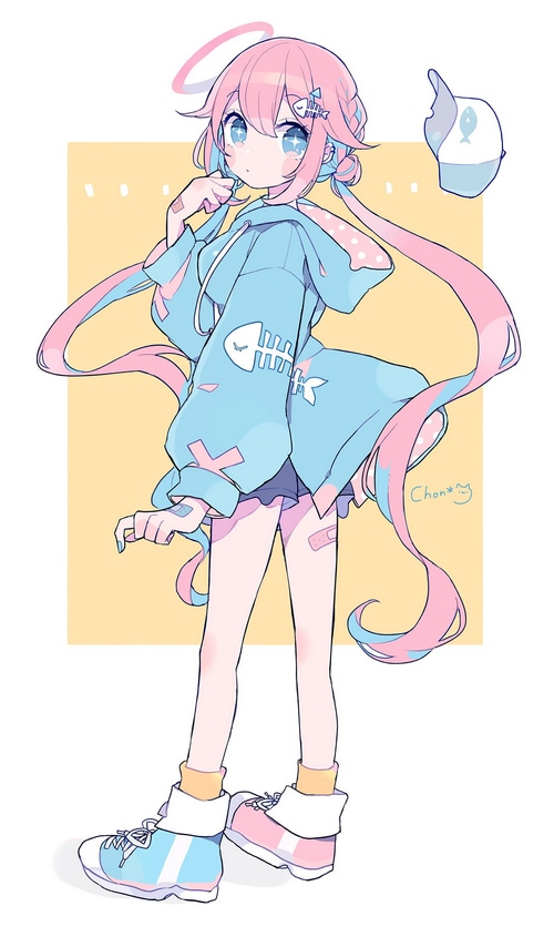 Chon character with pink and blue hair and hoodie