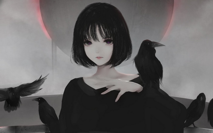 Anime girl with black hair and purple eyes surrounded by crows
