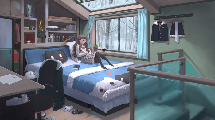 Girl in a cozy room looking out at snow