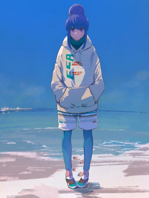 Rin Shima from Yuru Camp on a beach