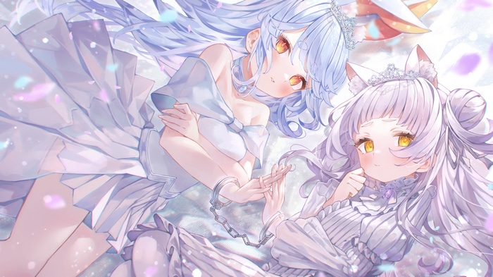 Two anime girls in white dresses with handcuffs