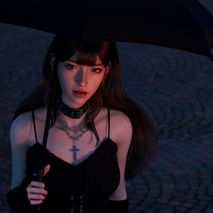 4K Asian woman with umbrella and black dress