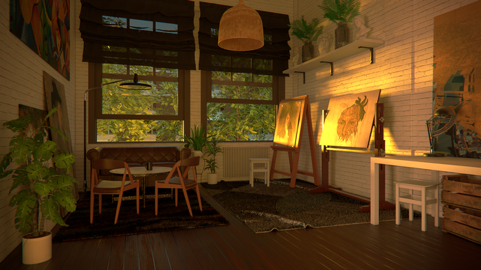 Artist's studio with paintings and furniture
