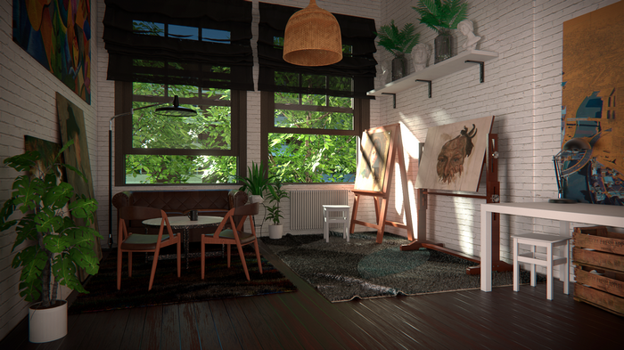 Artist studio with paintings and plants