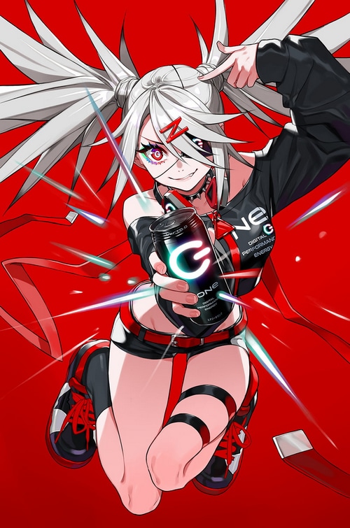 Anime girl with white pigtails holding a can