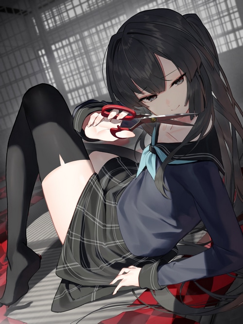 Girl with scissors in a school uniform