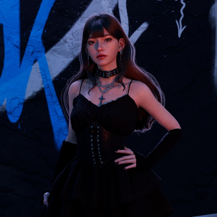 4K Asian woman in black dress with cross necklace
