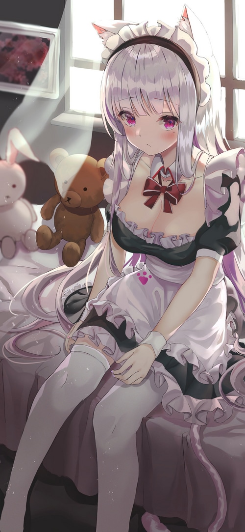 Cat girl in maid outfit with teddy bear