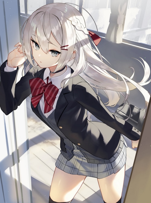 Anime girl with white hair and school uniform