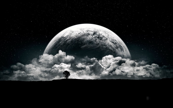 Moon rising over clouds with a lone tree