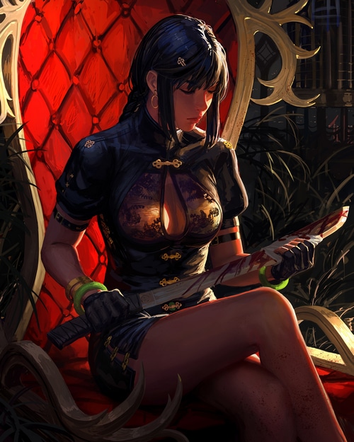 Woman in Cheongsam Holding Bloody Sword on Throne