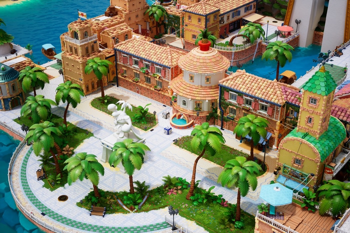 Super Mario Sunshine island town with palm trees