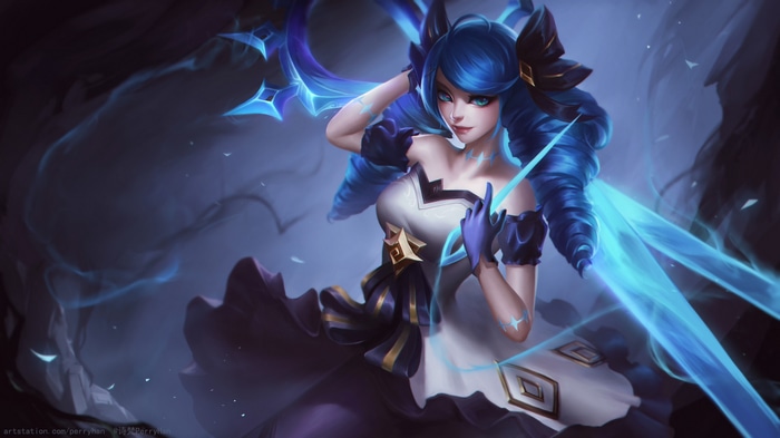 Gwen from League of Legends with blue hair and dress