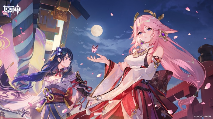 Yae Miko and Raiden Shogun under the moon