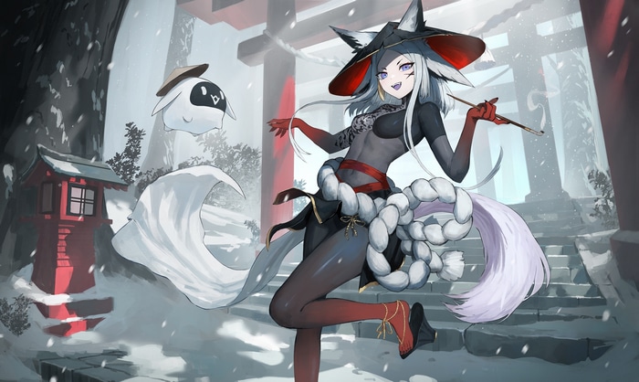 Fox girl and companion in a snowy shrine